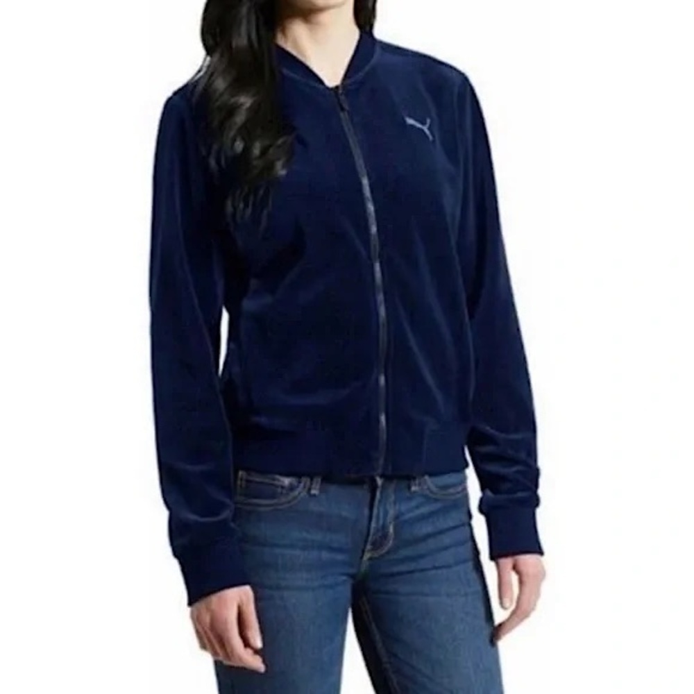 Puma Womens Navy Blue Velour Full Zip Track Jacket Y2K Athleisure Size XL